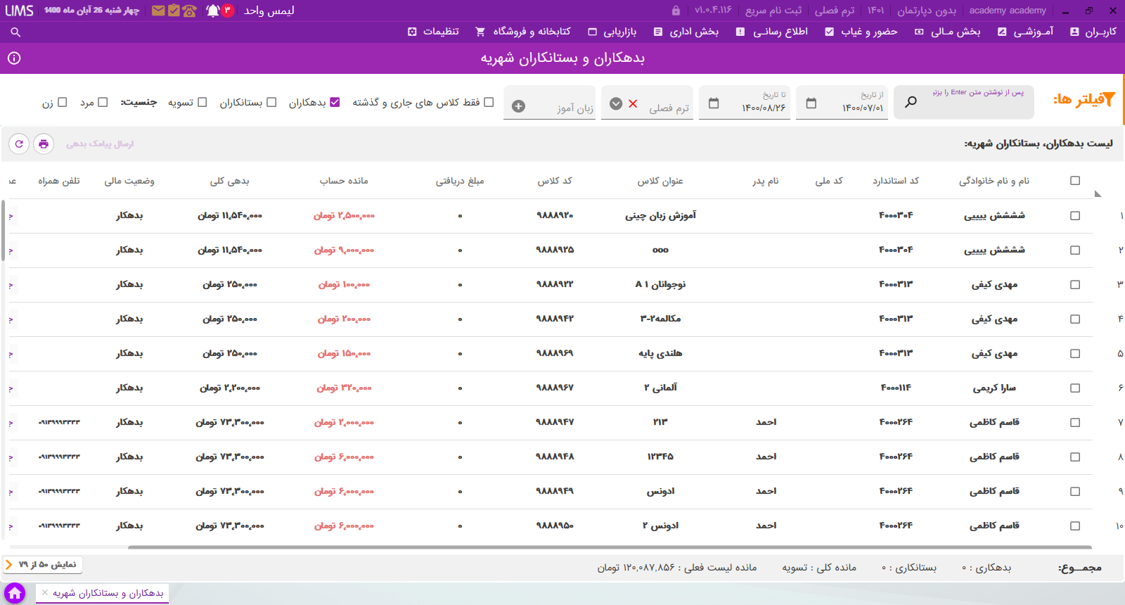 گزارش بدهکاران شهریه